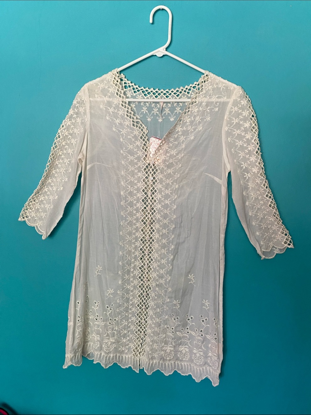 Free People White Floral Eyelet Mini Dress 3/4 Sleeve S